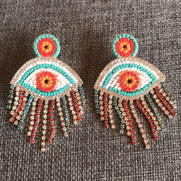 Brand New Evil Eye Beaded Rhinestone Earrings - Picture 6 of 6